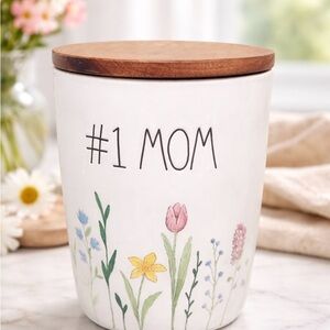 Rae Dunn #1 MOM Floral Canister w/ Wood Lid NEW